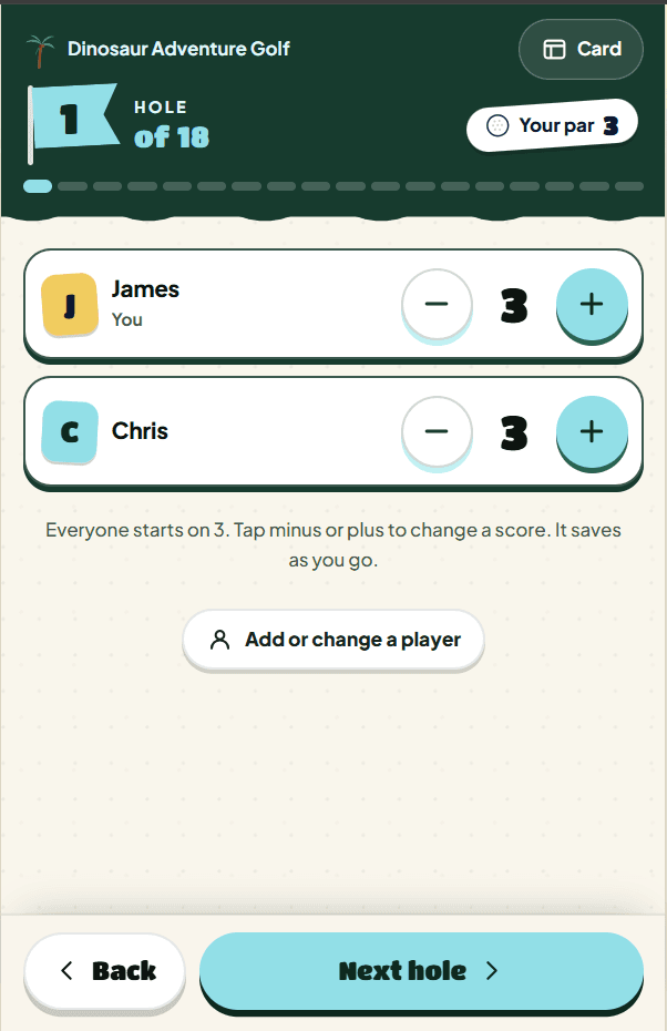 Hole 1 of 18 in the app: two players on 3 shots each, with a minus and a plus button beside each score and Next hole at the foot