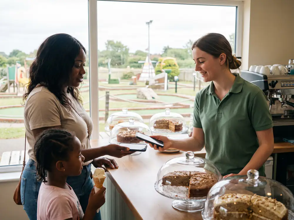 At a café counter beside the course, a member of staff scans the code on a mum's phone while her daughter holds an ice cream
