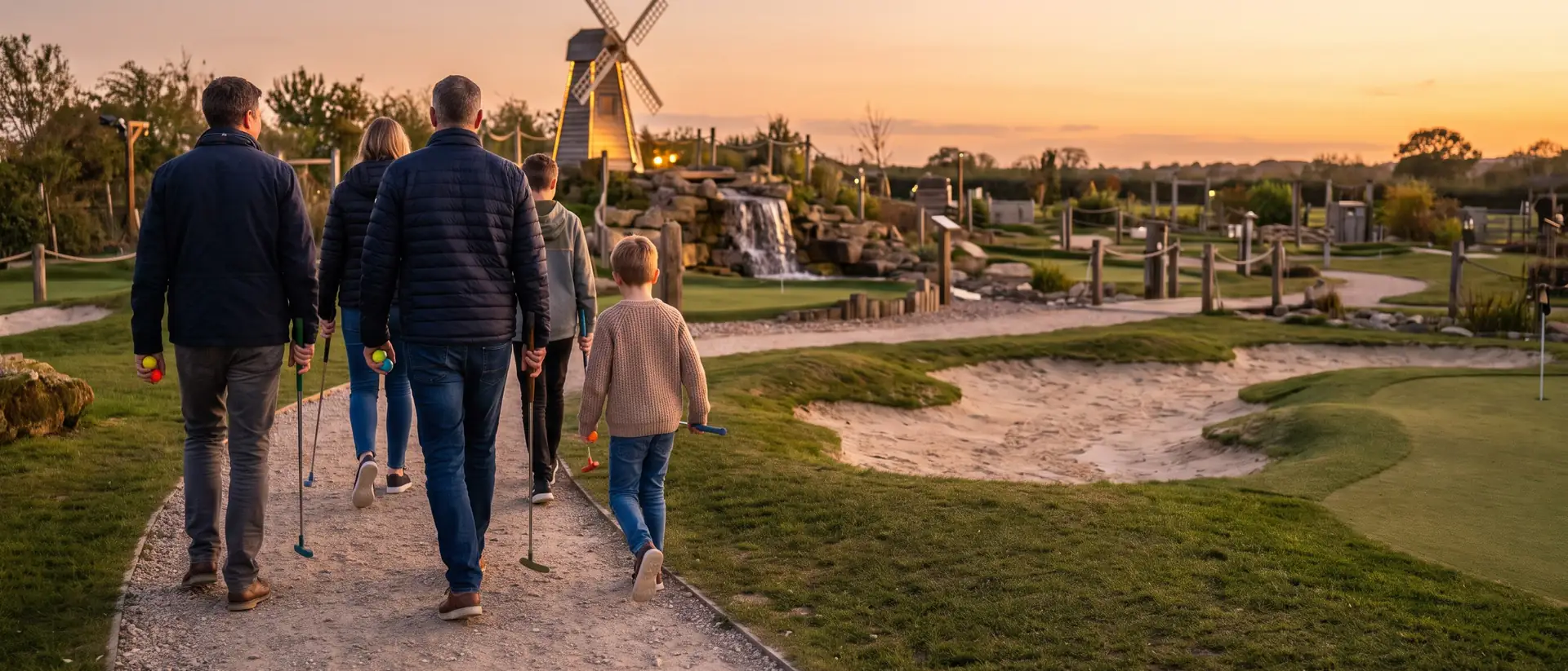 A family walks along a path towards an adventure golf course at sunset, carrying putters and coloured balls, a windmill and a waterfall ahead
