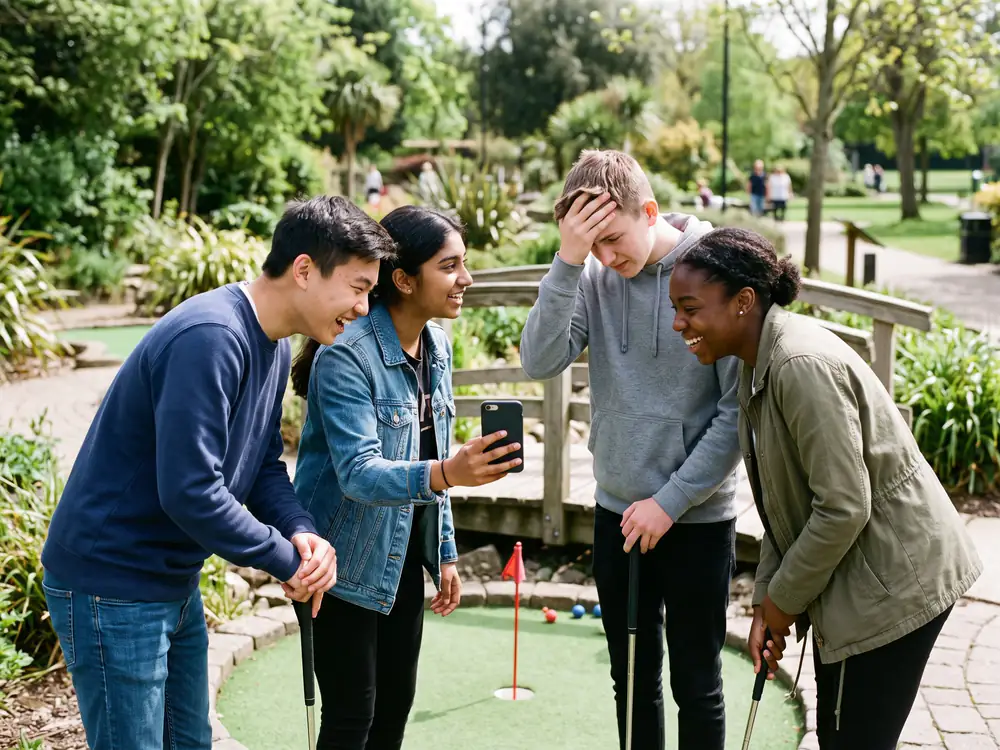 Four teenagers gather round one phone by the hole, one groaning with his hand on his forehead while the others laugh