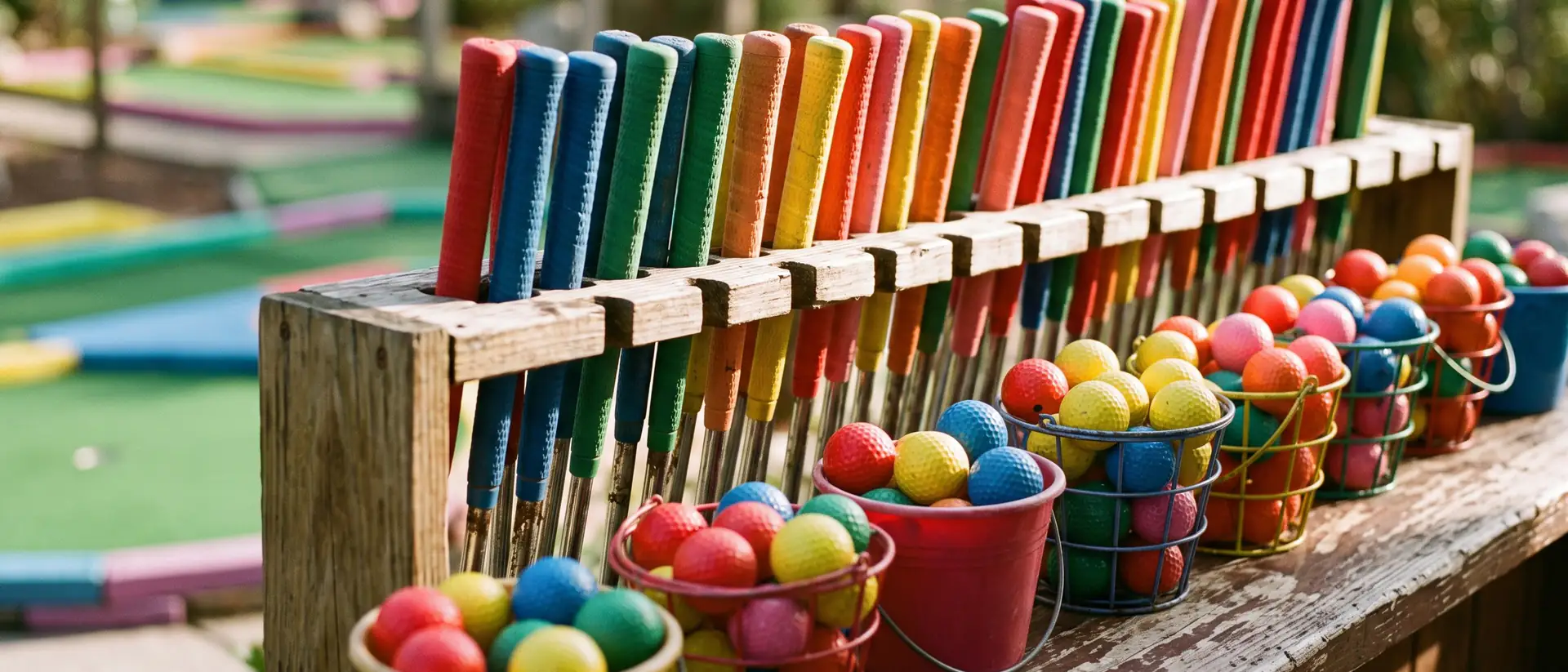 A row of colourful putters in a wooden rack, with buckets of bright golf balls in front