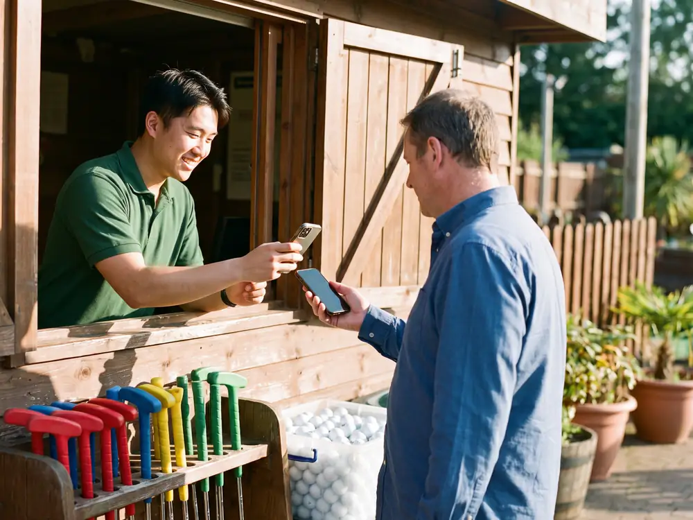 A member of staff leans out of the kiosk window to scan the code on a customer's phone, beside a rack of colourful putters