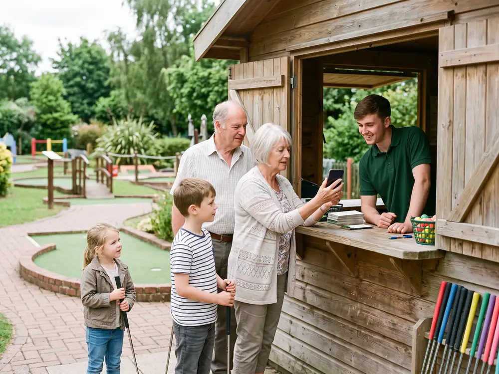 Grandparents back with their grandchildren show a phone to a smiling member of staff at the kiosk window