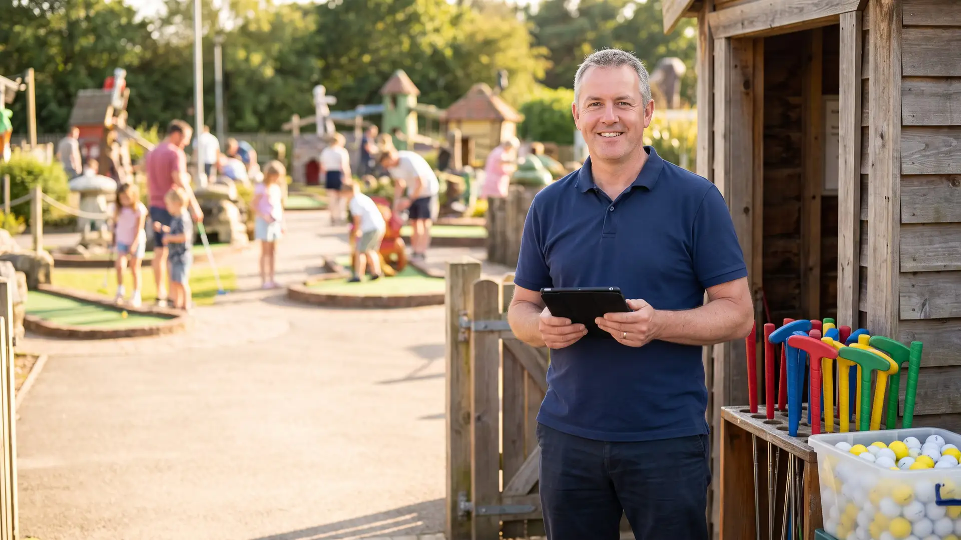 A course owner in a navy polo shirt stands by the entrance kiosk with a tablet, families playing on the course behind him