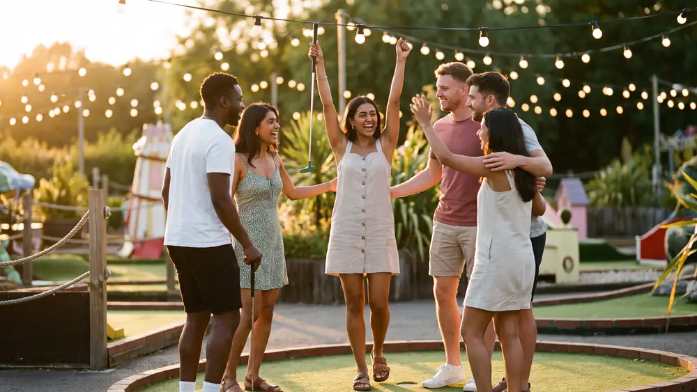 Five friends cheer a hole in one at sunset under strings of festoon lights, one with her putter held high