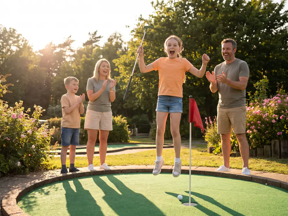 A girl jumps in the air with her putter raised on the last hole while her family laugh and clap