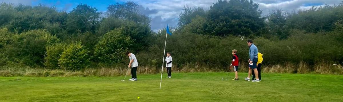 Four players on a green with a blue flag, one of them putting, hedgerow behind